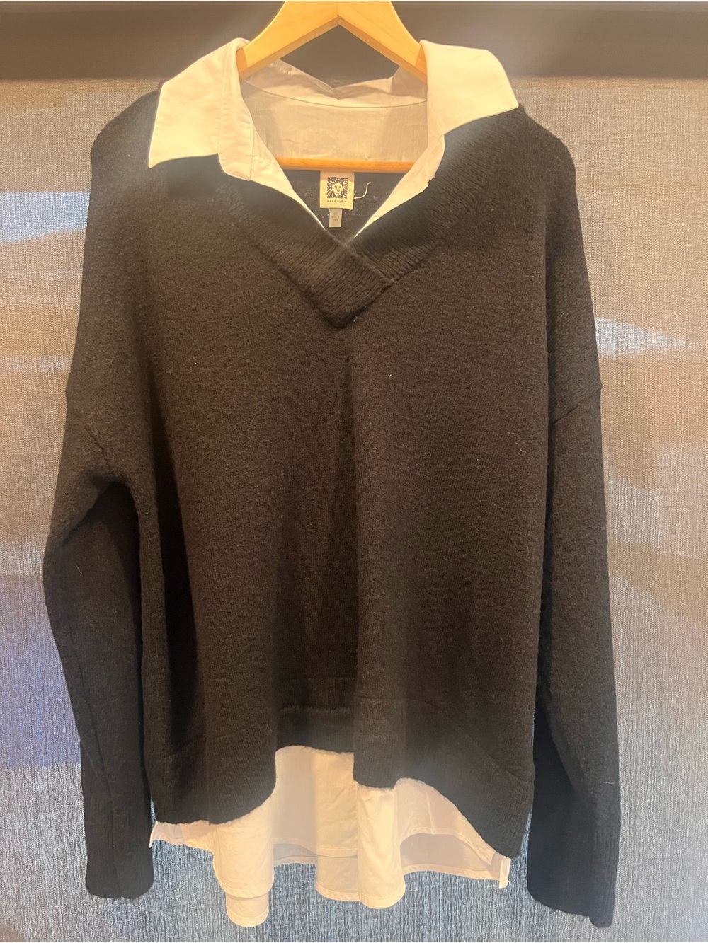 Anne Klein Black V-Neck Sweater with White Layered Shirt Detail